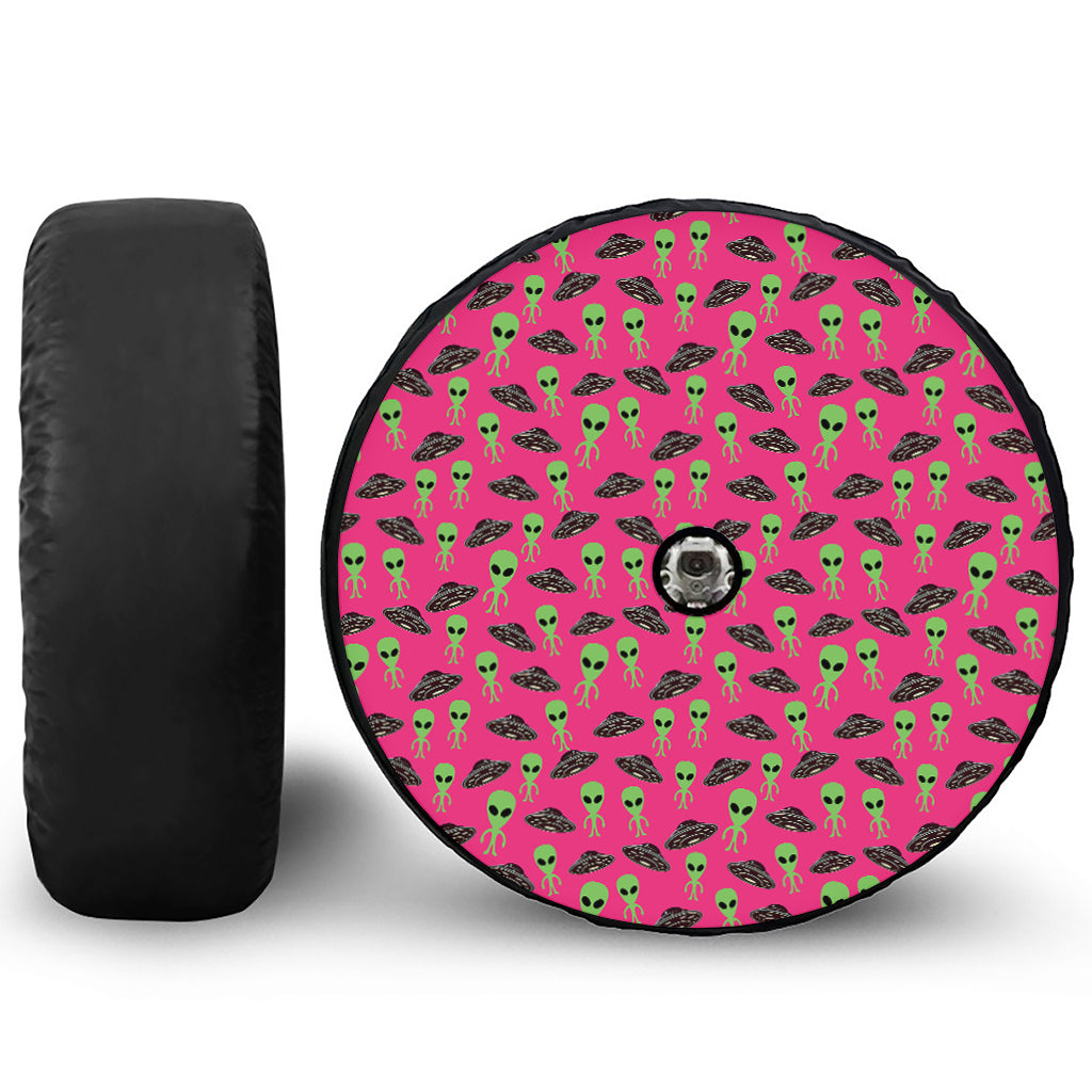Little Green Alien UFO Print Tire Cover With Camera Hole