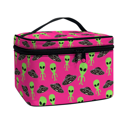 Little Green Alien UFO Print Travel Makeup Bag