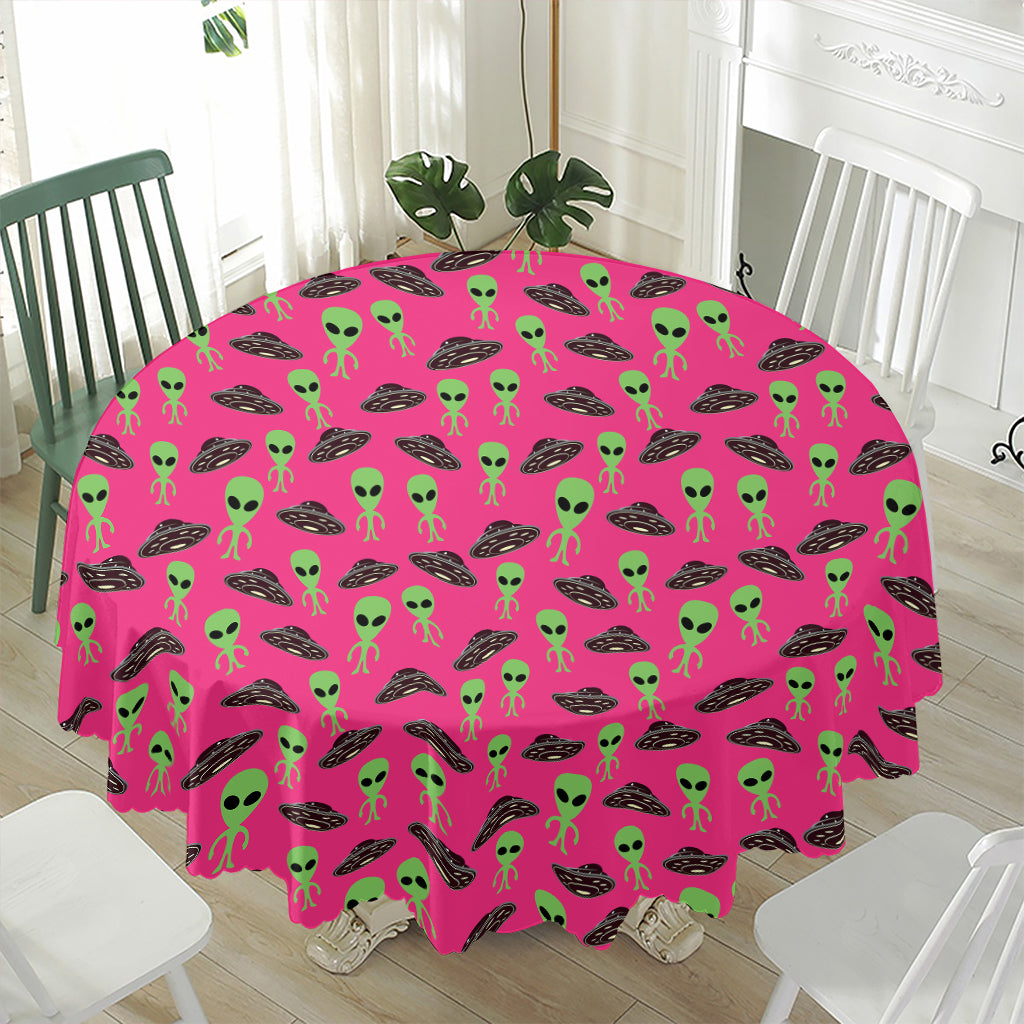 Little Green Alien UFO Print Waterproof Round Tablecloth