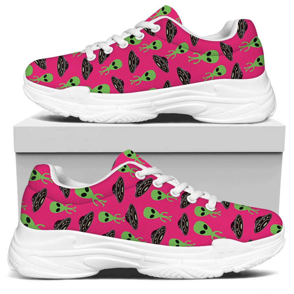 Little Green Alien UFO Print White Chunky Shoes