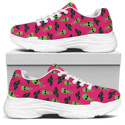 Little Green Alien UFO Print White Chunky Shoes
