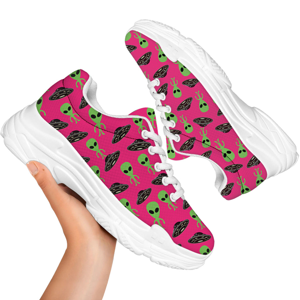Little Green Alien UFO Print White Chunky Shoes