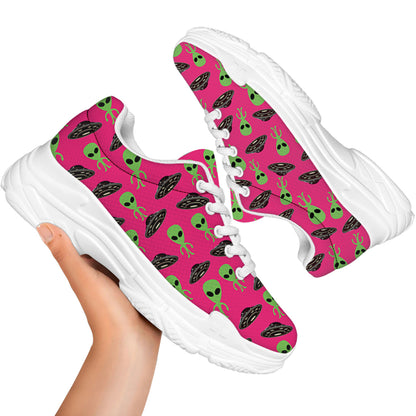 Little Green Alien UFO Print White Chunky Shoes
