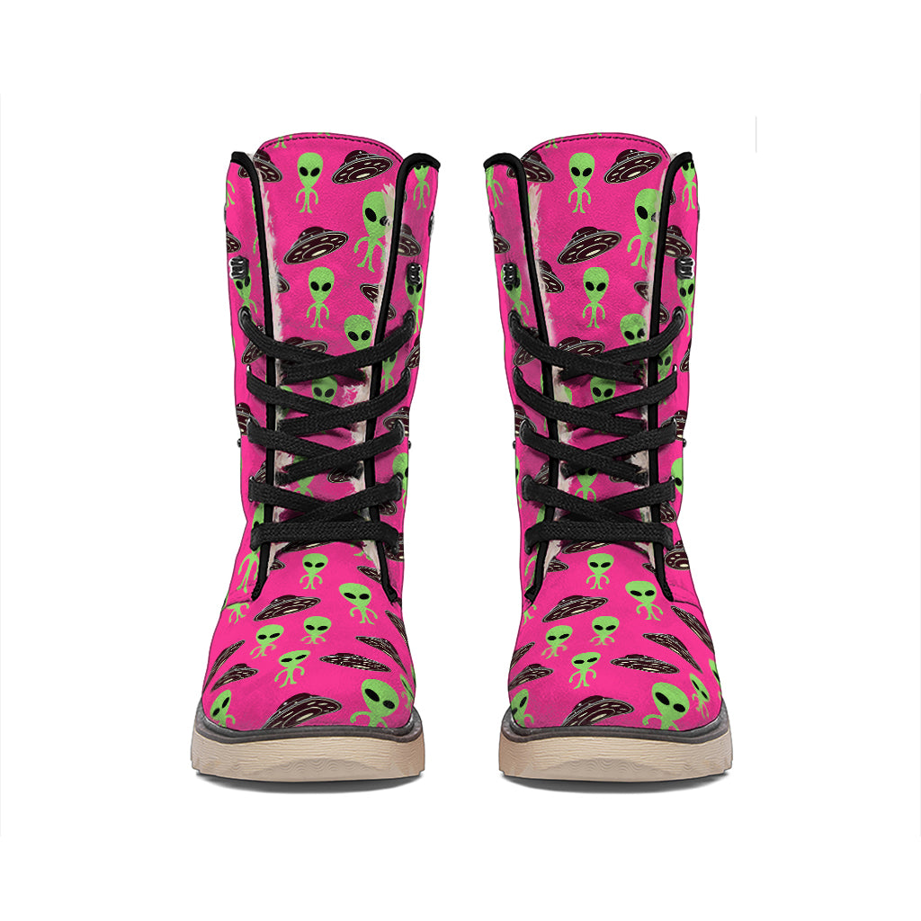 Little Green Alien UFO Print Winter Boots