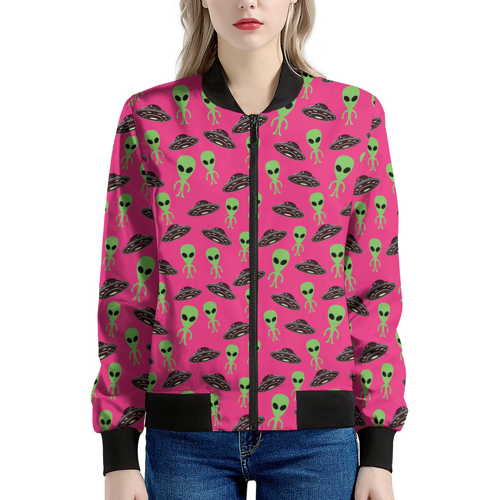 Little Green Alien UFO Print Women's Bomber Jacket