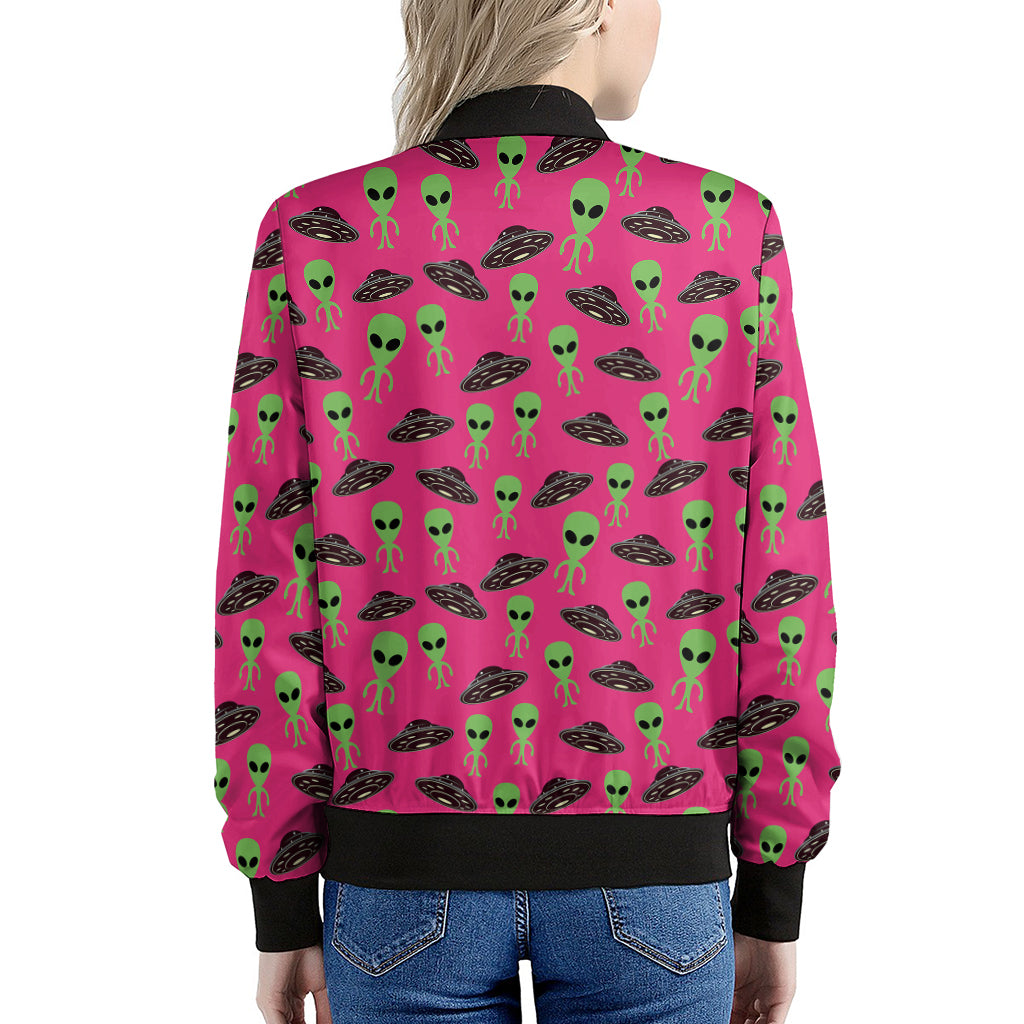 Little Green Alien UFO Print Women's Bomber Jacket