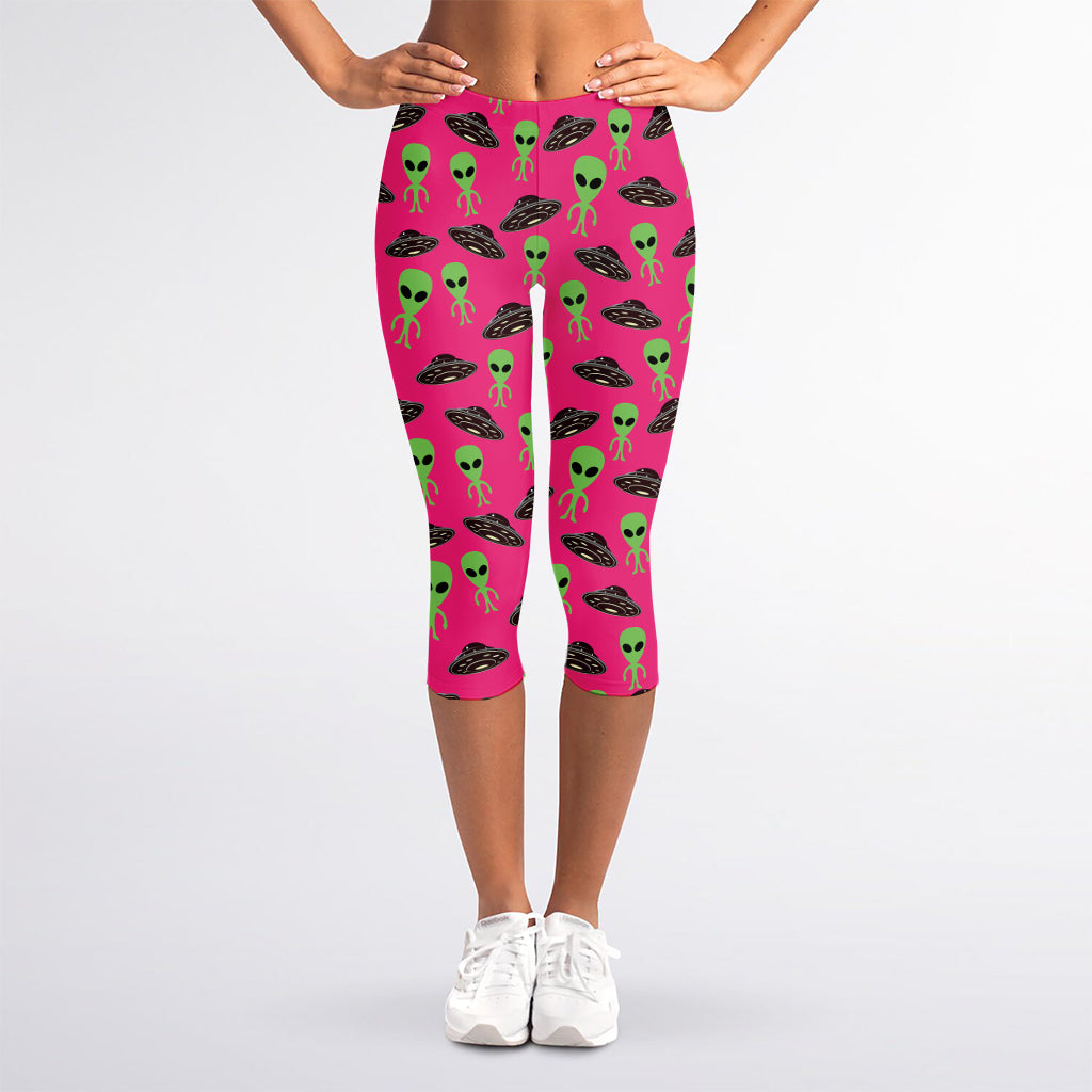 Little Green Alien UFO Print Women's Capri Leggings