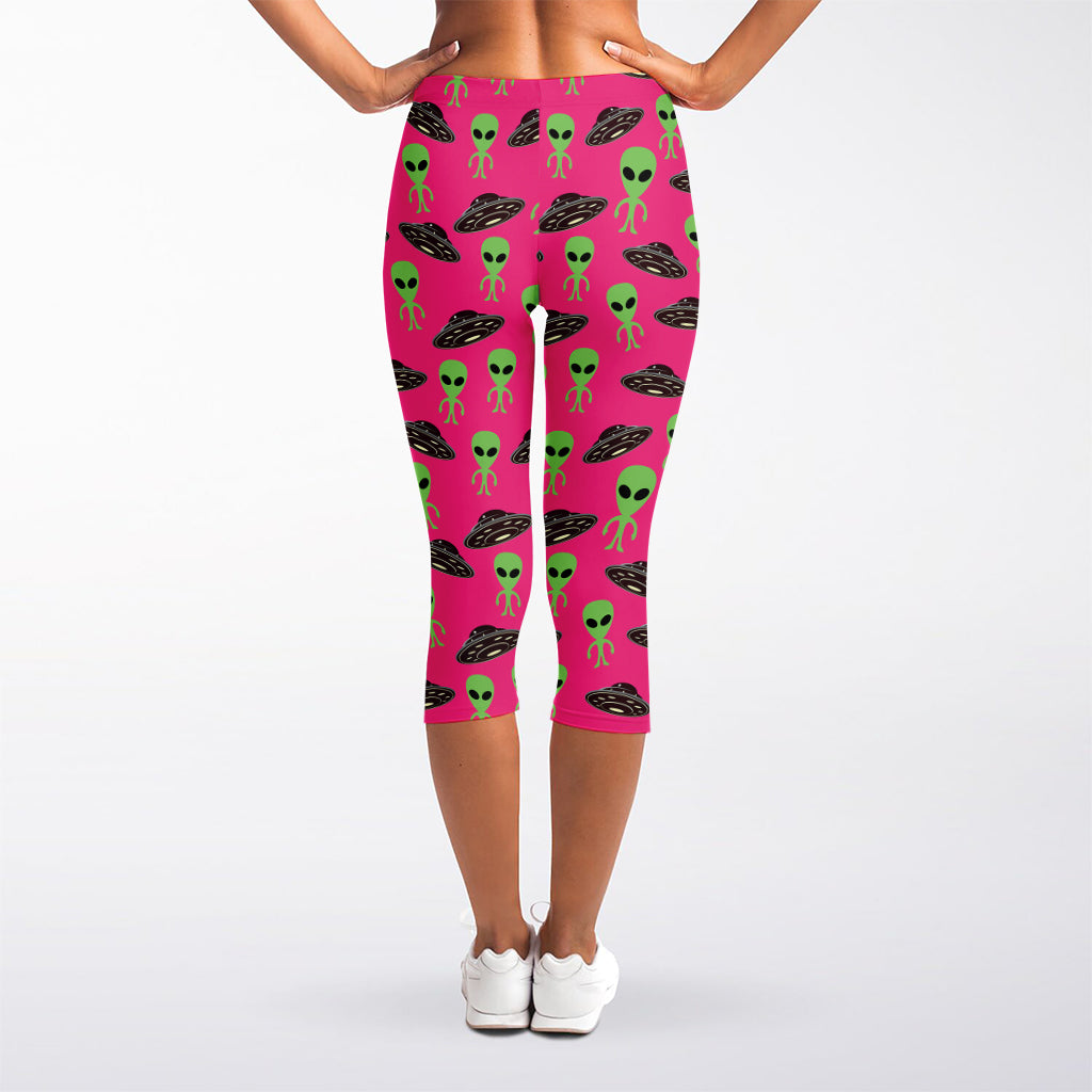 Little Green Alien UFO Print Women's Capri Leggings