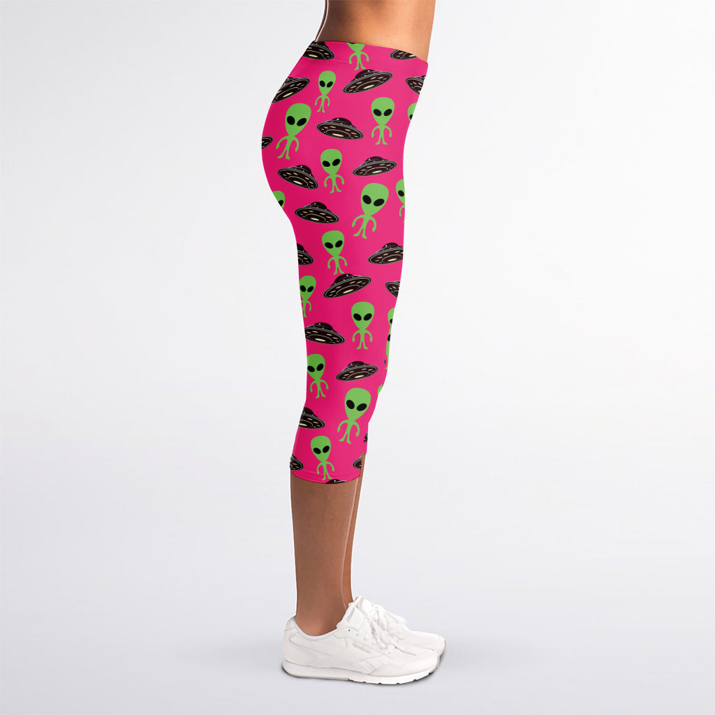 Little Green Alien UFO Print Women's Capri Leggings