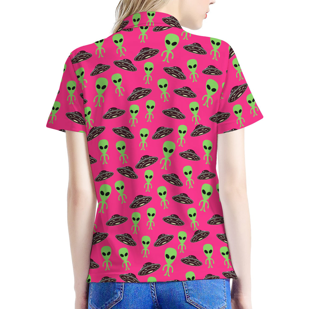 Little Green Alien UFO Print Women's Polo Shirt