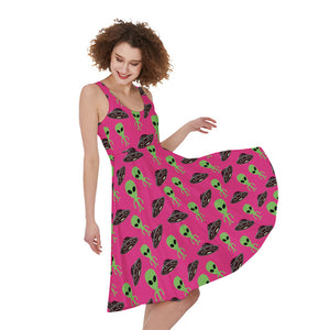 Little Green Alien UFO Print Women's Sleeveless Dress