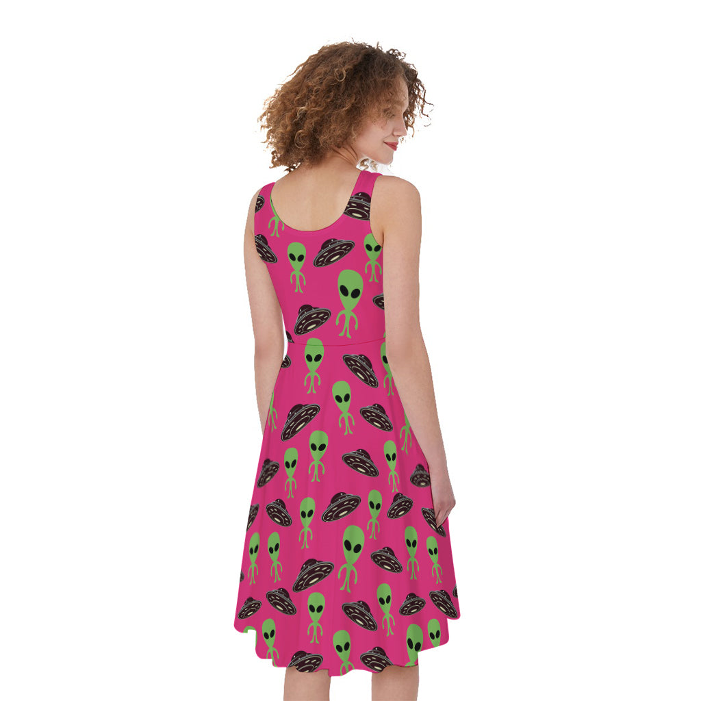 Little Green Alien UFO Print Women's Sleeveless Dress