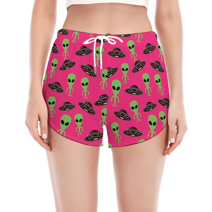 Little Green Alien UFO Print Women's Split Running Shorts