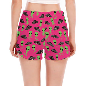 Little Green Alien UFO Print Women's Split Running Shorts