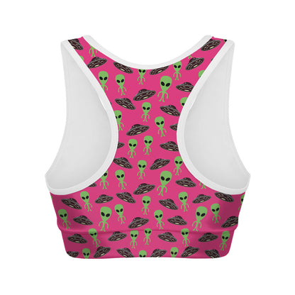 Little Green Alien UFO Print Women's Sports Bra