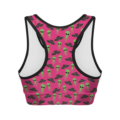 Little Green Alien UFO Print Women's Sports Bra