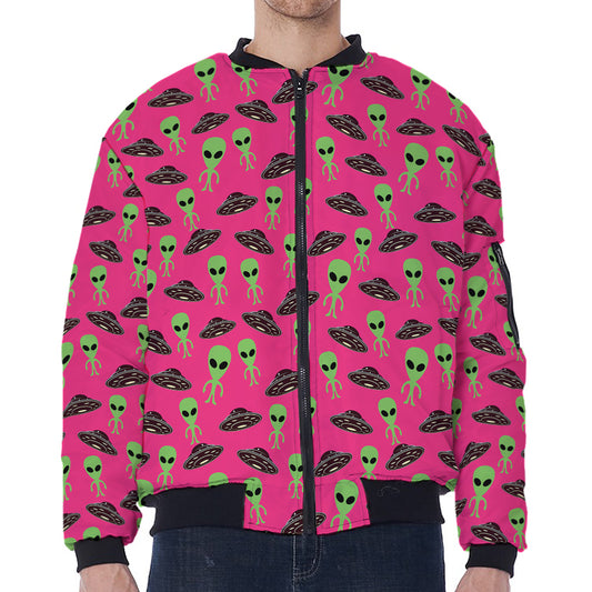 Little Green Alien UFO Print Zip Sleeve Bomber Jacket