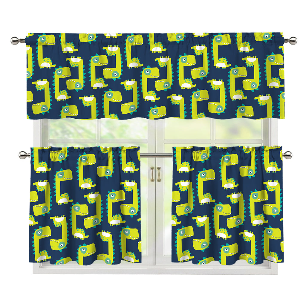 Little Green Dinosaur Pattern Print 3 Piece Kitchen Curtains