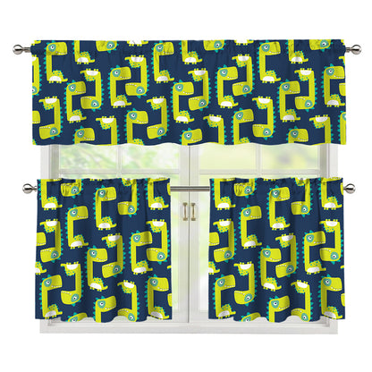 Little Green Dinosaur Pattern Print 3 Piece Kitchen Curtains