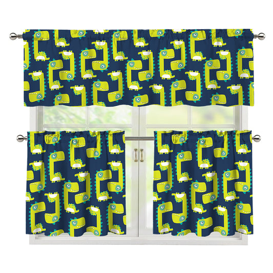 Little Green Dinosaur Pattern Print 3 Piece Kitchen Curtains