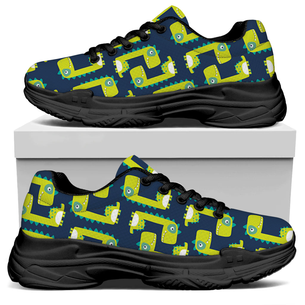 Little Green Dinosaur Pattern Print Black Chunky Shoes