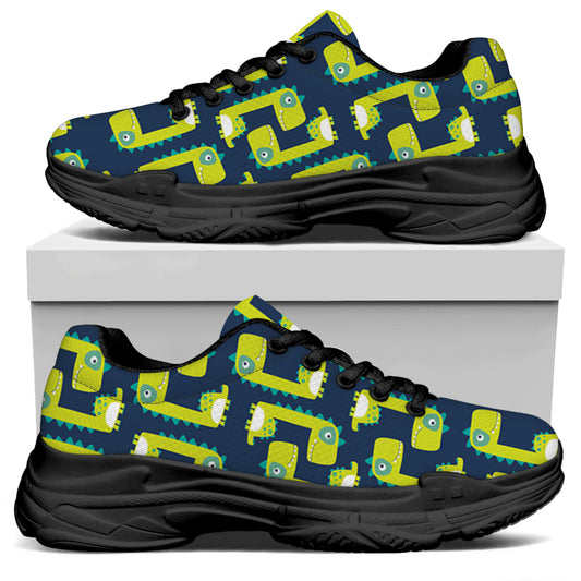 Little Green Dinosaur Pattern Print Black Chunky Shoes