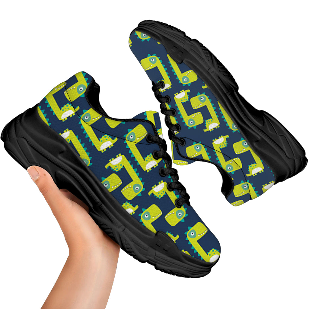 Little Green Dinosaur Pattern Print Black Chunky Shoes