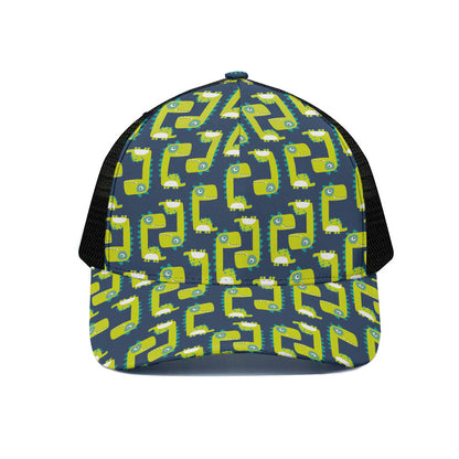 Little Green Dinosaur Pattern Print Black Mesh Trucker Cap