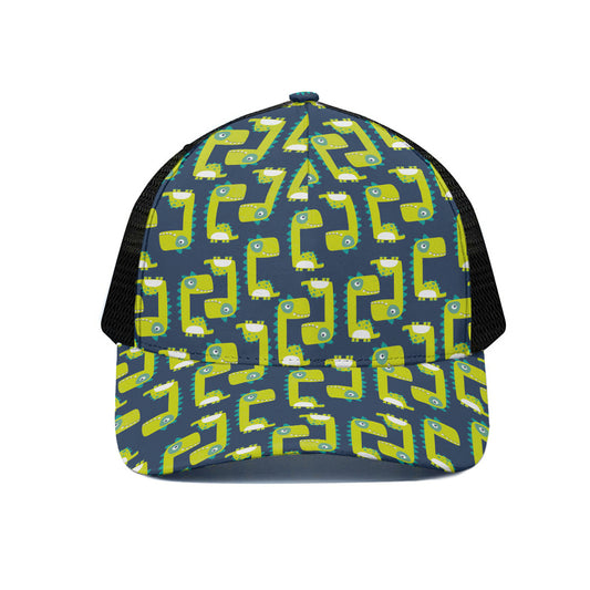 Little Green Dinosaur Pattern Print Black Mesh Trucker Cap