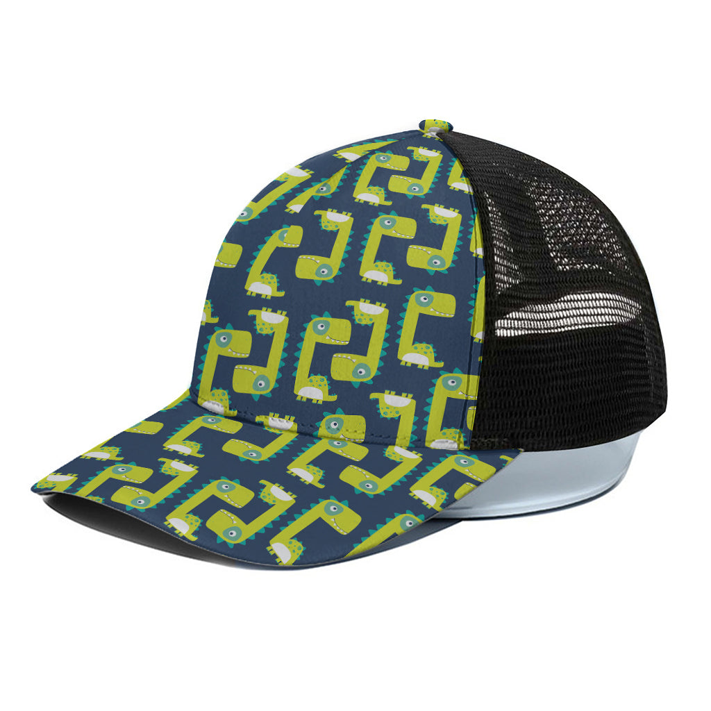 Little Green Dinosaur Pattern Print Black Mesh Trucker Cap