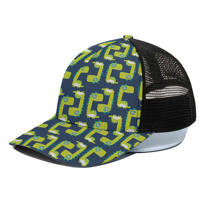 Little Green Dinosaur Pattern Print Black Mesh Trucker Cap