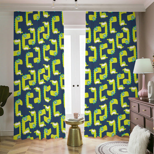 Little Green Dinosaur Pattern Print Blackout Pencil Pleat Curtains