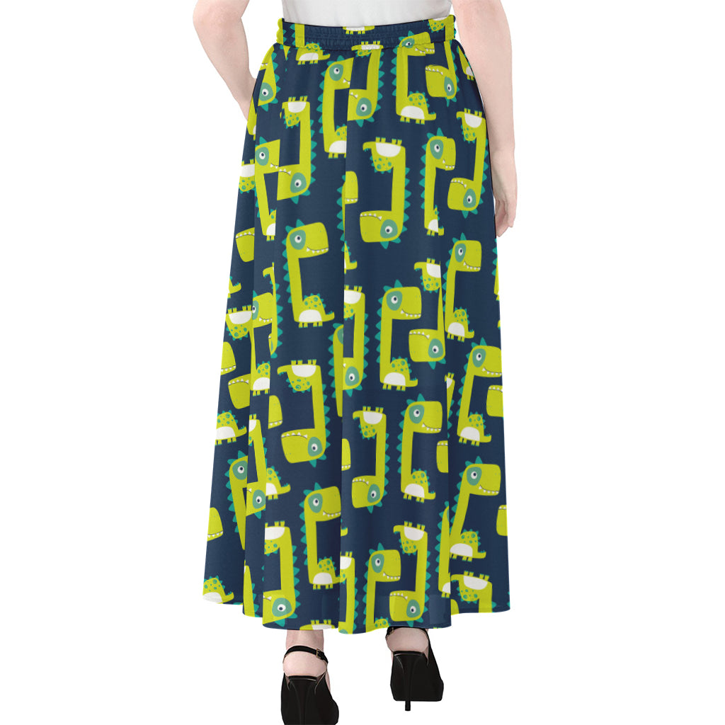 Little Green Dinosaur Pattern Print Chiffon Maxi Skirt
