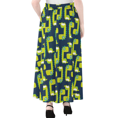 Little Green Dinosaur Pattern Print Chiffon Maxi Skirt