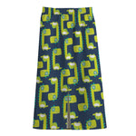 Little Green Dinosaur Pattern Print Cotton Front Slit Maxi Skirt