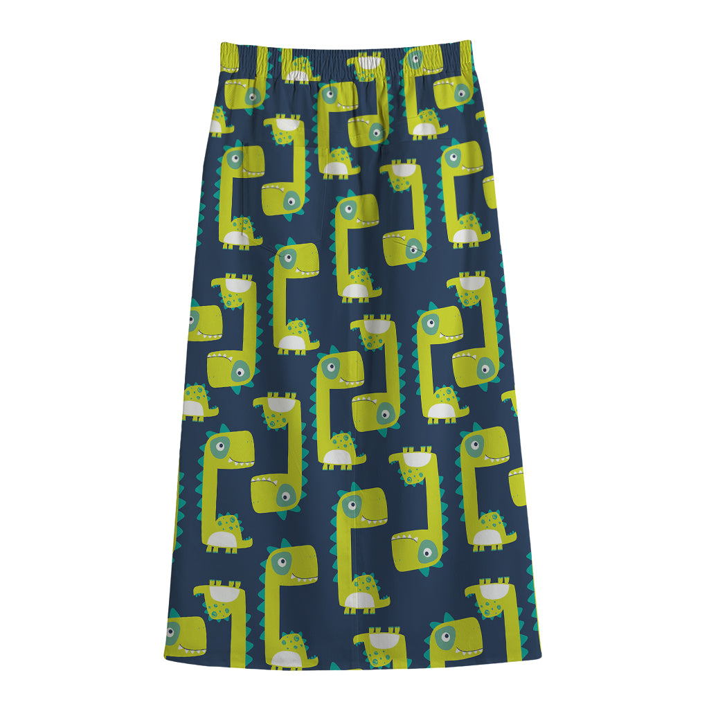 Little Green Dinosaur Pattern Print Cotton Front Slit Maxi Skirt