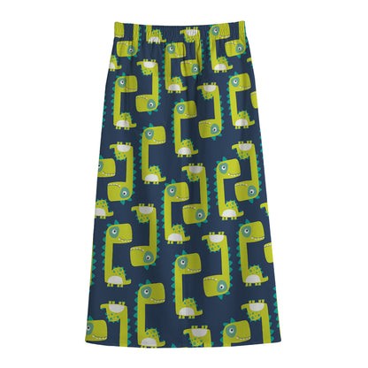 Little Green Dinosaur Pattern Print Cotton Front Slit Maxi Skirt