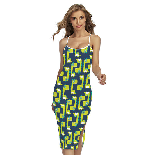Little Green Dinosaur Pattern Print Cross Back Cami Dress