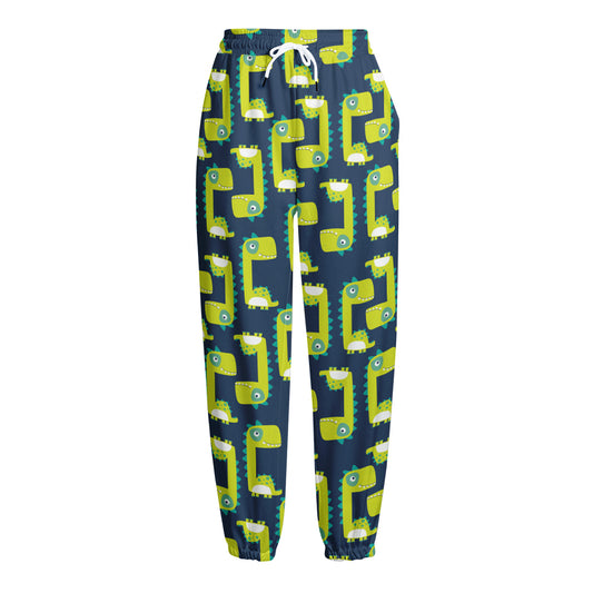 Little Green Dinosaur Pattern Print Fleece Lined Knit Pants