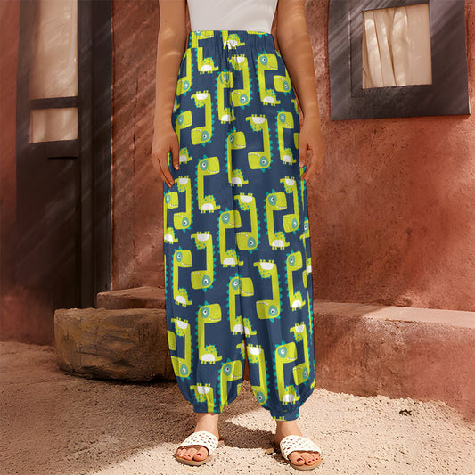 Little Green Dinosaur Pattern Print Harem Pants