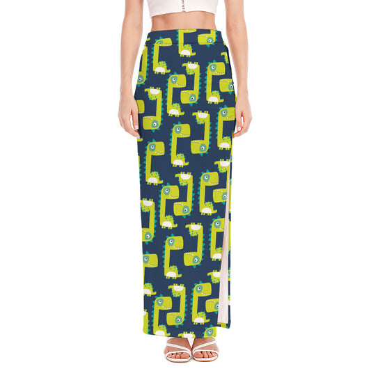 Little Green Dinosaur Pattern Print High Slit Maxi Skirt