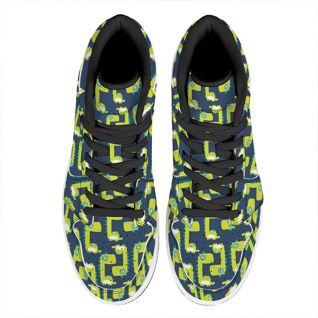 Little Green Dinosaur Pattern Print High Top Leather Sneakers