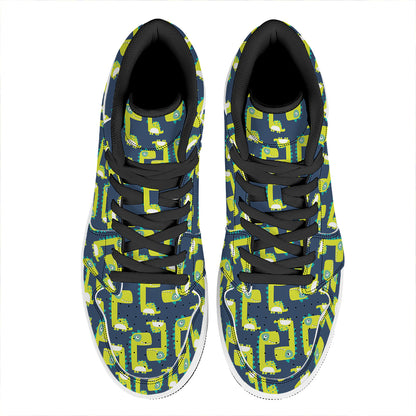 Little Green Dinosaur Pattern Print High Top Leather Sneakers