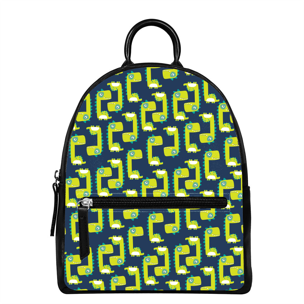 Little Green Dinosaur Pattern Print Leather Backpack