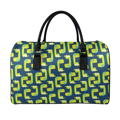 Little Green Dinosaur Pattern Print Leather Duffle Bag