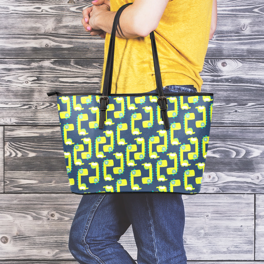 Little Green Dinosaur Pattern Print Leather Tote Bag