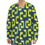 Little Green Dinosaur Pattern Print Long Sleeve Baseball Jersey
