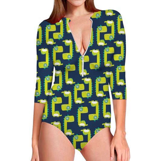 Little Green Dinosaur Pattern Print Long Sleeve Swimsuit