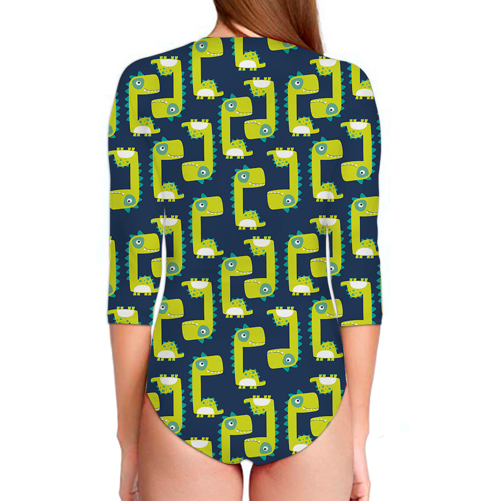 Little Green Dinosaur Pattern Print Long Sleeve Swimsuit