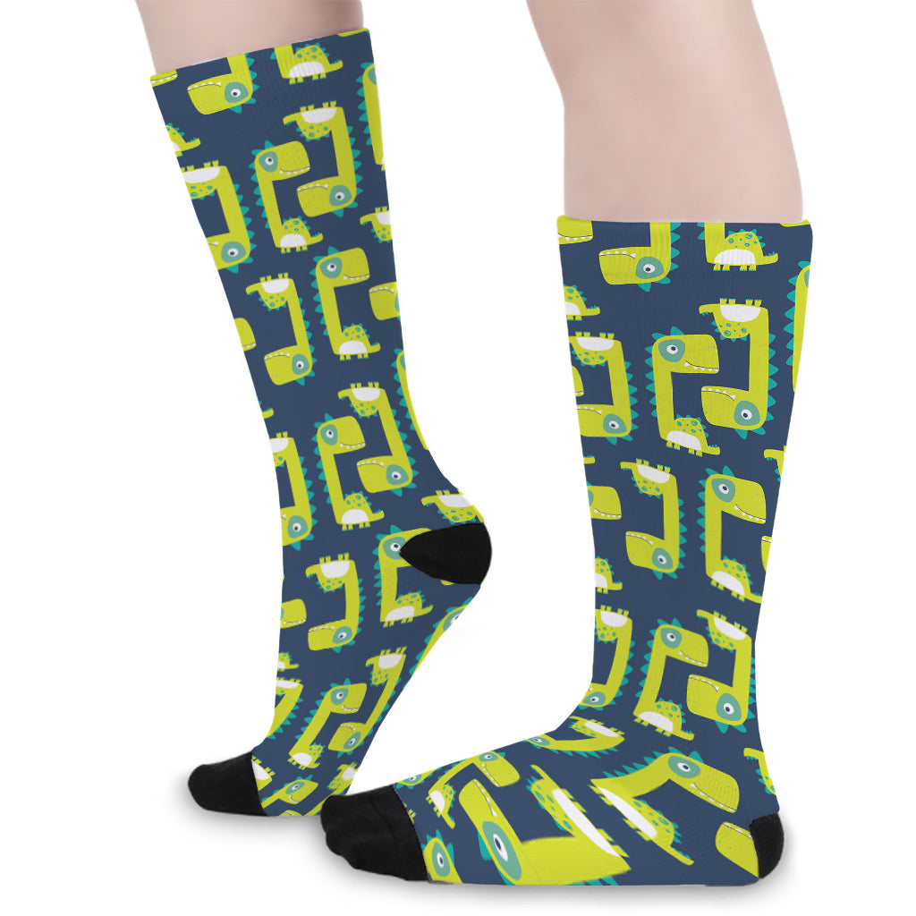 Little Green Dinosaur Pattern Print Long Socks
